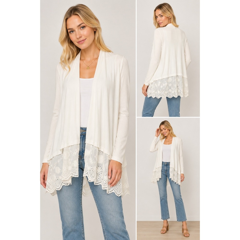 4 Love and Liberty Cardigan Women XS White Floral Eyelet Lace Layered Open Front